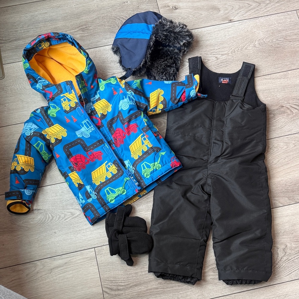 Colorful Construction Print Winter Jacket and Black Snow Bib Set